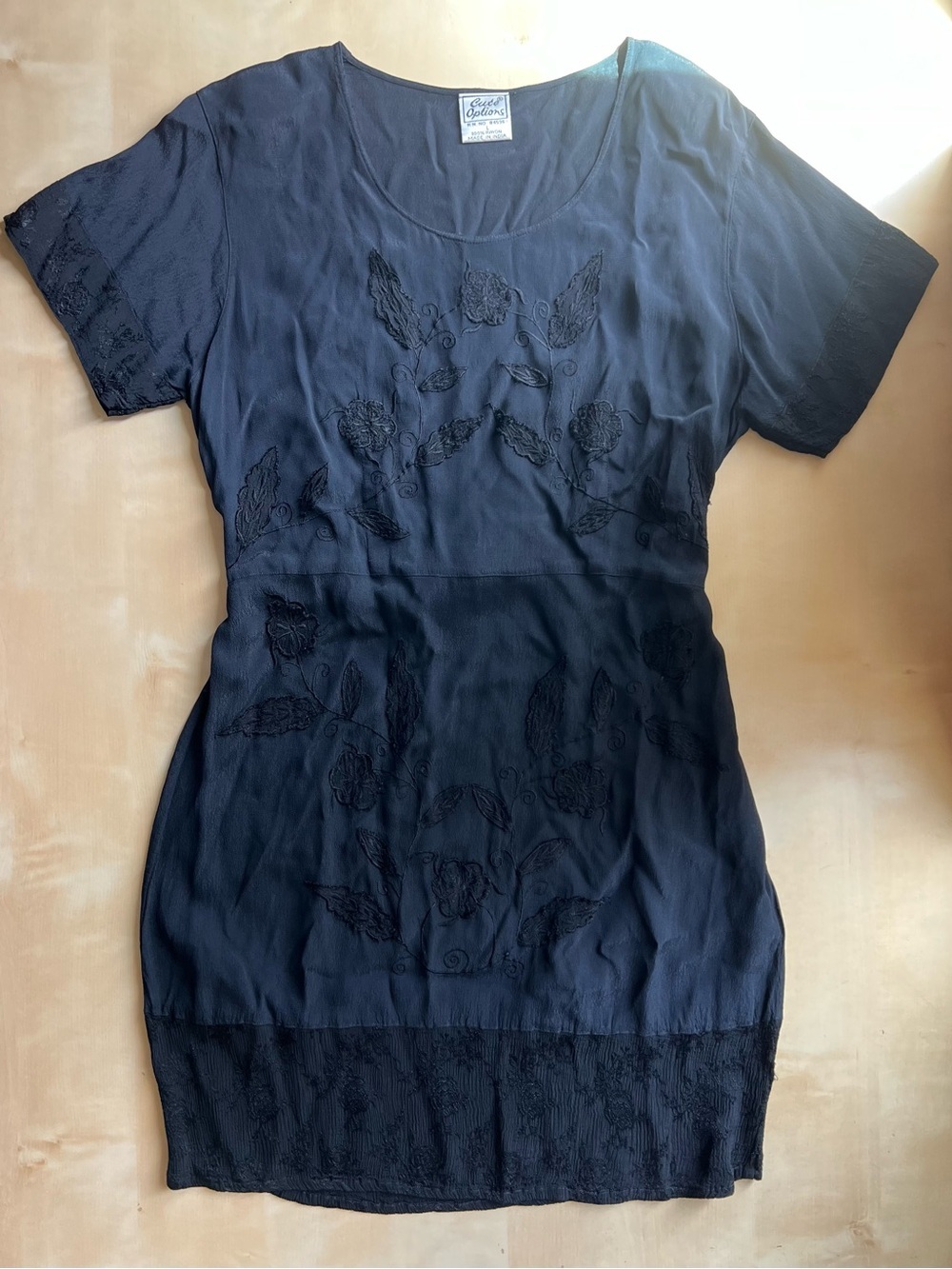 Vintage Embroidered Semi-Sheer Short Sleeve Mini Dress in Black with Lace Hem